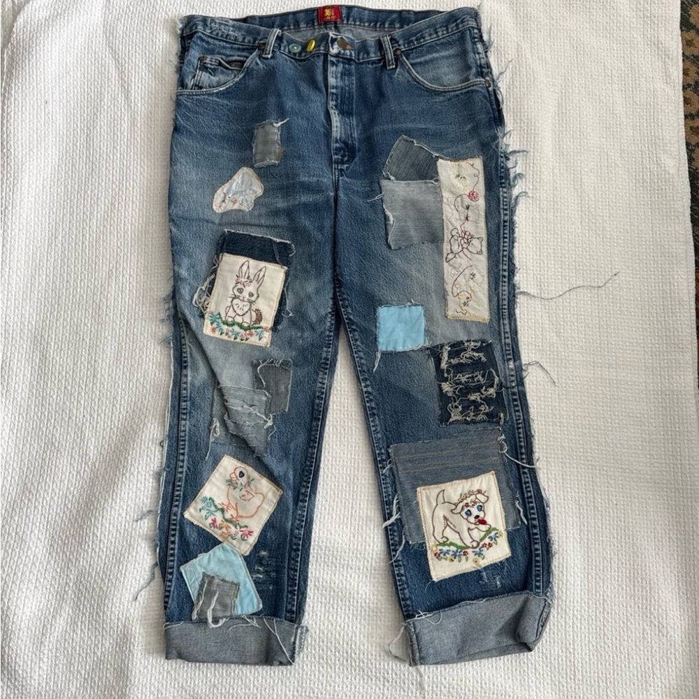 Patchwork Wrangler Blue Denim Jeans size 36”